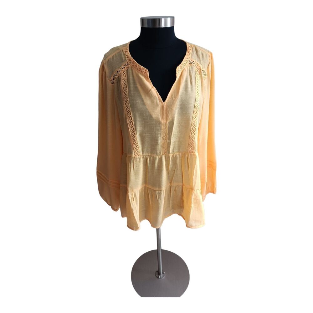 Zac & Rachel Long Sleeve Yellow Tiered Peasant Sheer Lace Top Plus Sz XL NWT